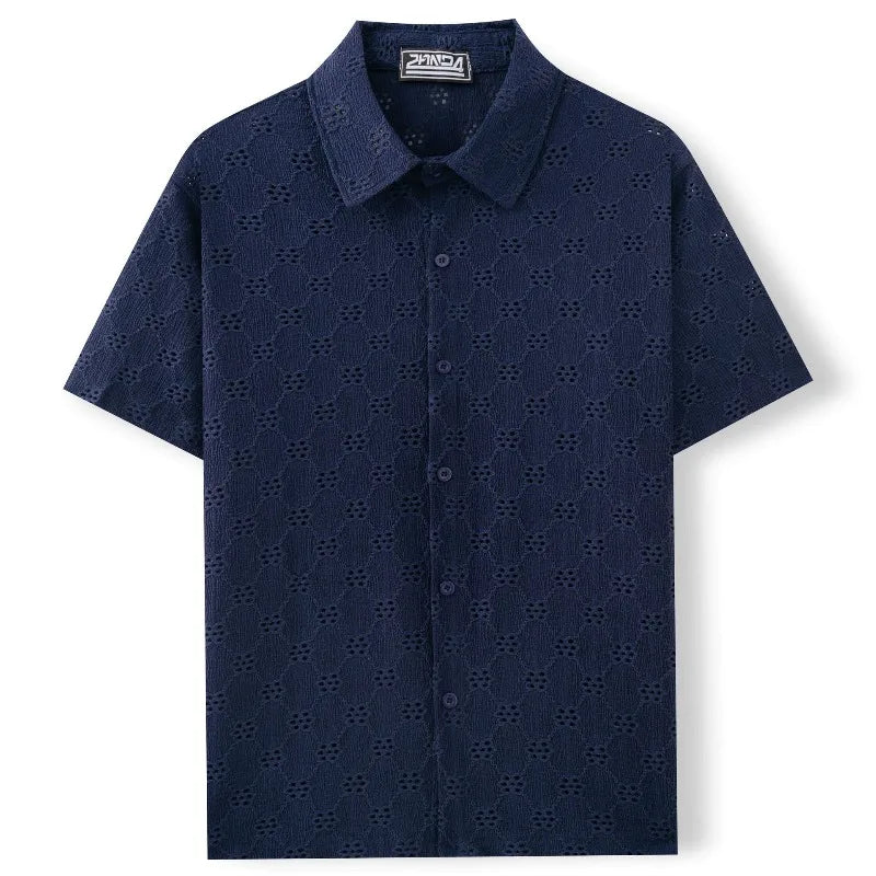 High-quality Men's Hollowed-out Shirts, Short-sleeved Business Casual Shirts for Summer 2025 Light Luxury Workplace Mens Tops