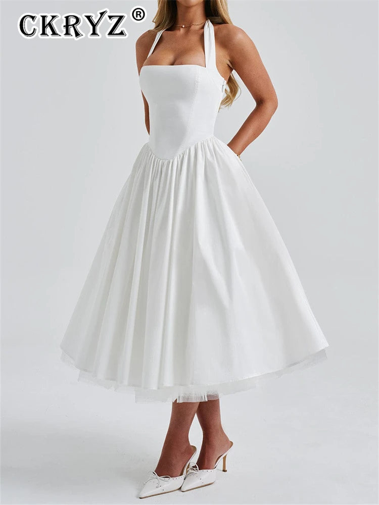 Ladies Summer 2 Layers Elegant Evening Party Dress Women Sleeveless Backless Halter Maxi Dresses Club Streetwear Female Outfits