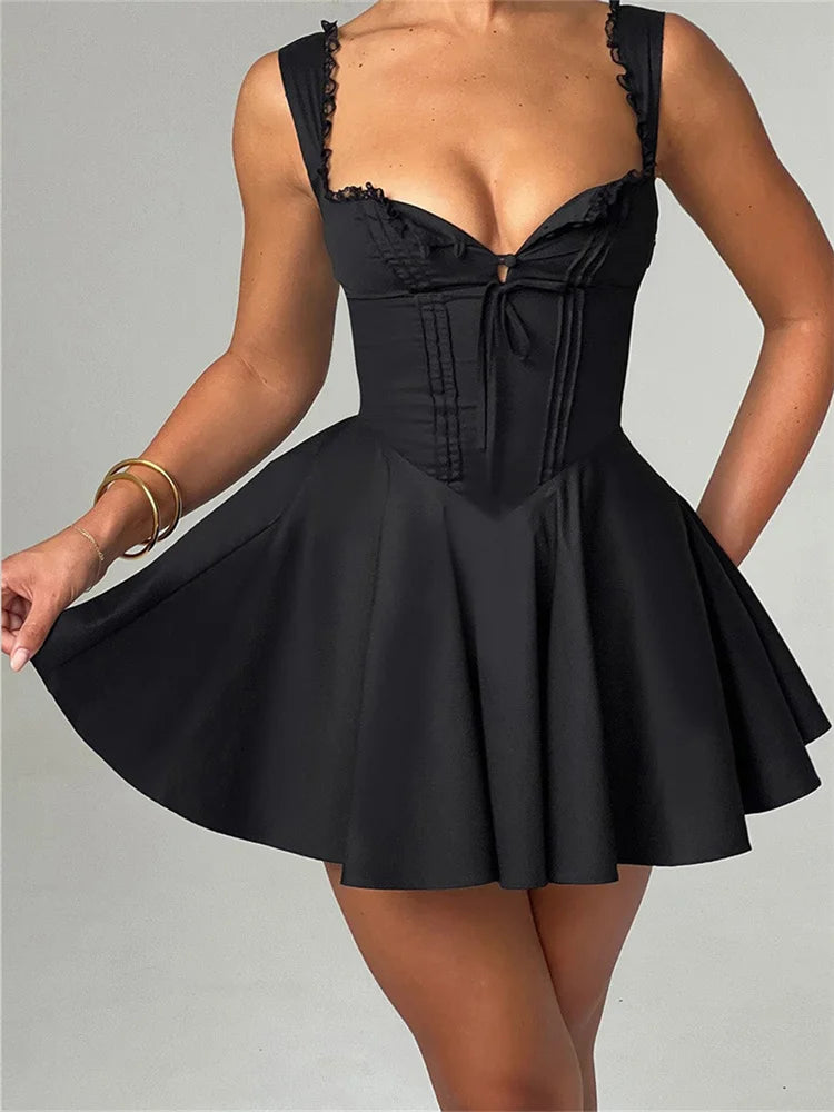 CHRONSTYLE Elegant Women Short Mini A-Line Dress Deep V Neck Backless Ruffles Hem Sleeveless Dress for Party Club Vestidos 2024