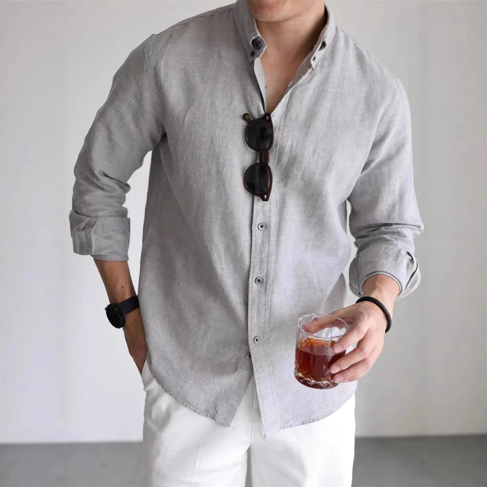 Mens American Cotton Linen Work Shirt Slim Fit Breathable Long Sleeve Business Casual Shirt Linen Sun Protection Shirt