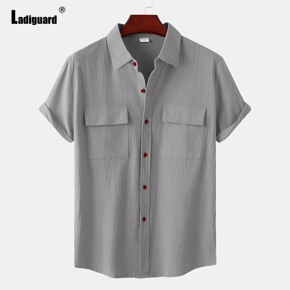 Men Short Sleeve Linen Shirts Clothing 2024 Summer Hot Black Soft Blouse Vintage Basic Overshirt Male Casual Stand Pocket Tops