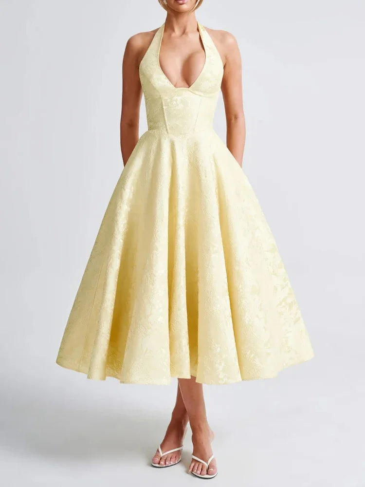 Y2k European and American sexy hot girl deep V slit backless dress, hanging neck sleeveless dress, floral pattern tied rope