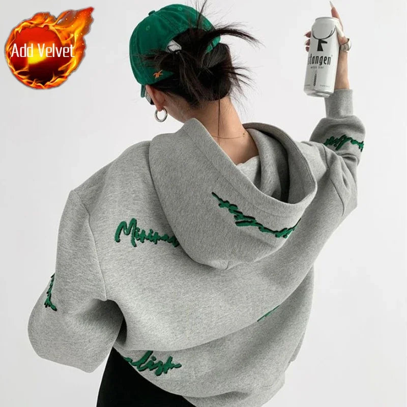 Zekye Woman Hooded Tops Embroidered Y2k Vintage Korean Woman Clothing Y2k Coat Grey Hoodies Woman Sweatshirts Hoodies