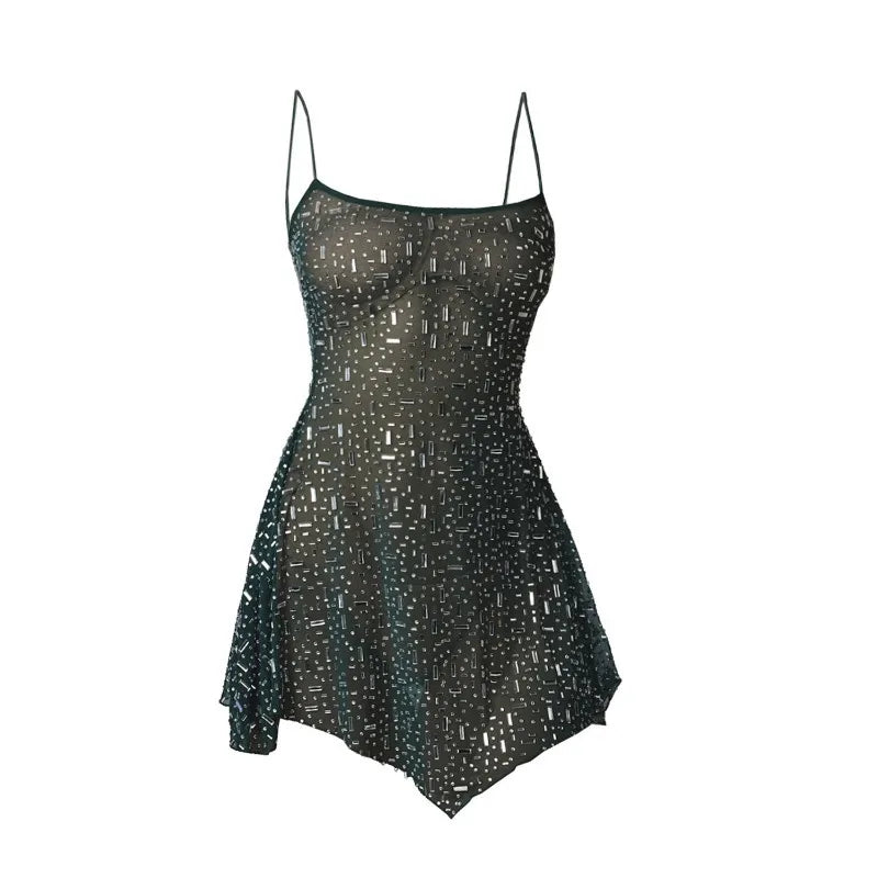 Talenza Women's Sexy Spaghetti Strap Mini Dress Sequin Rhinestone High Waist Party Dress See-through Sleeveless Evening Dress
