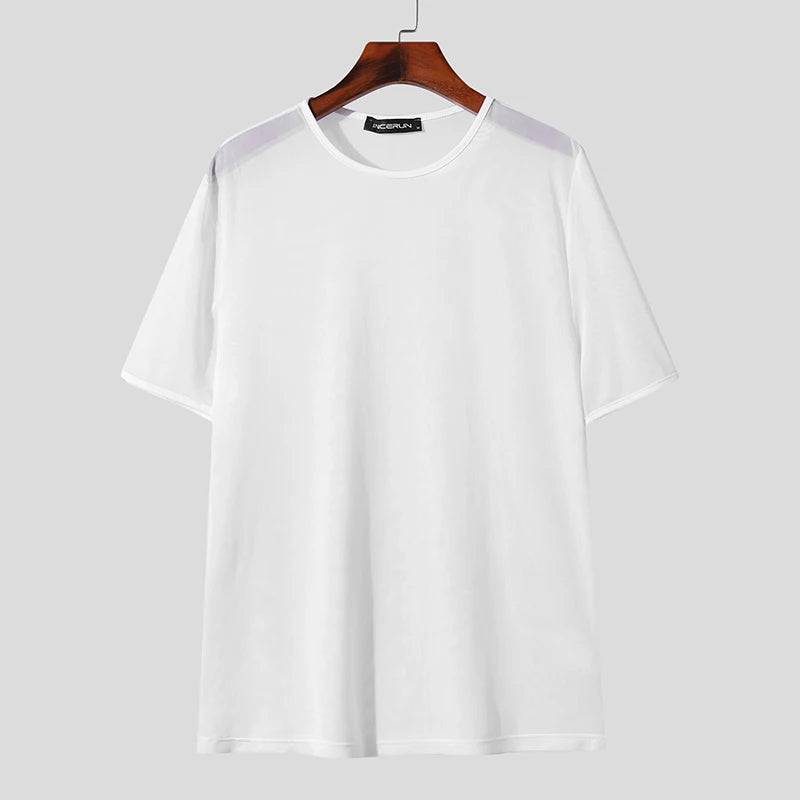 2024 Men T Shirts Mesh Transparent O-neck Short Sleeve Streetwear Men Clothing Solid Color Sexy Fashion Camisetas S-3XL INCERUN