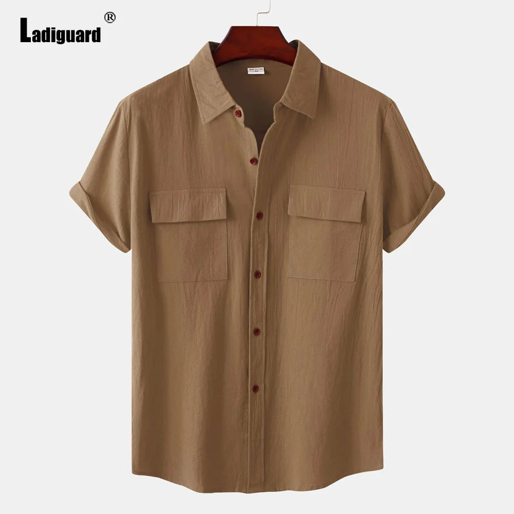 Men Short Sleeve Linen Shirts Clothing 2024 Summer Hot Black Soft Blouse Vintage Basic Overshirt Male Casual Stand Pocket Tops