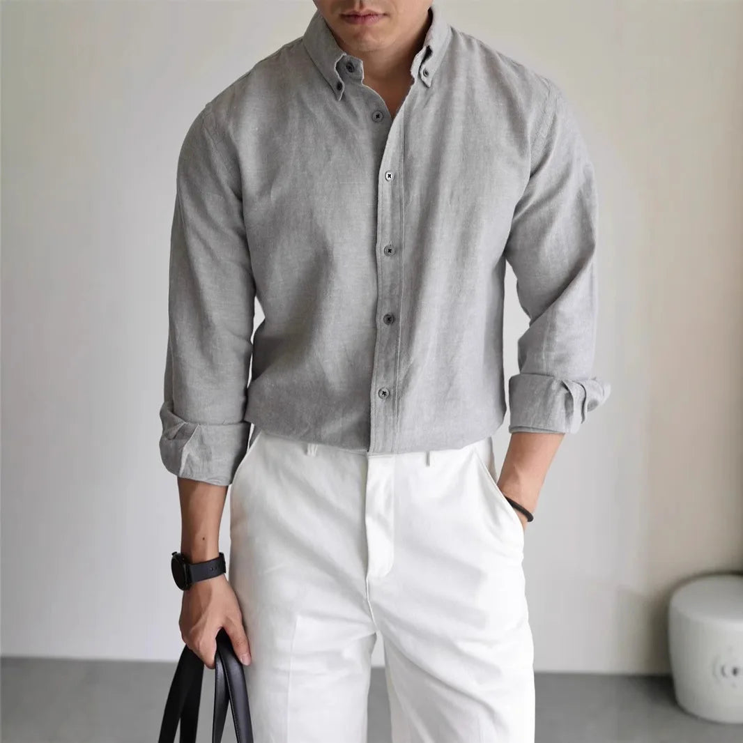 Mens American Cotton Linen Work Shirt Slim Fit Breathable Long Sleeve Business Casual Shirt Linen Sun Protection Shirt