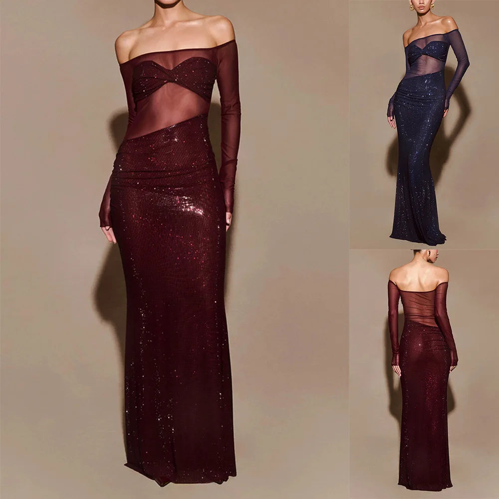 See Through Lace Sequin Patchwork Slim Party Dresses Women Trendy Sexy Off Shoulder Package Hip Bodycon Evening Dress Streetwear