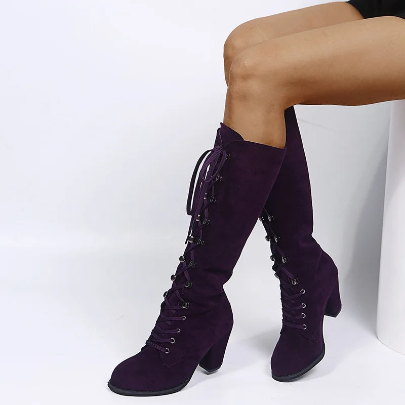 Winter Autumn Woman Knee High Boots Woman Long Boots Lace Up Fashion Sweet Woman Boots Daily Footwear 35-43 Purple Square Heel