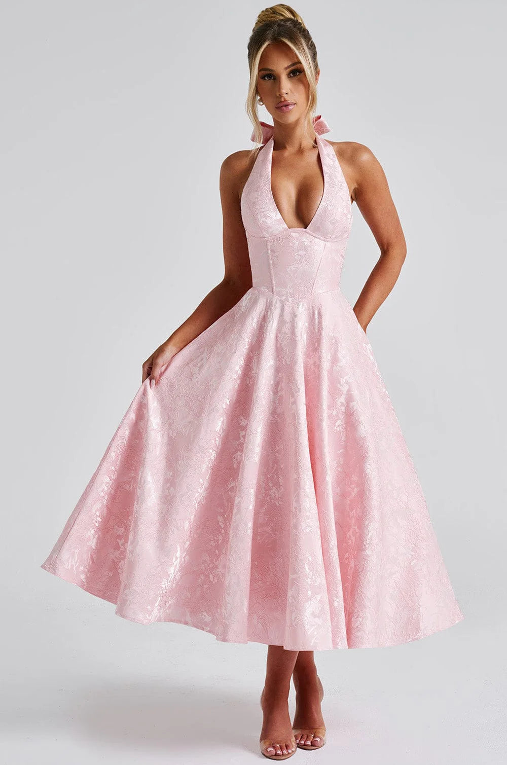 Y2k European and American sexy hot girl deep V slit backless dress, hanging neck sleeveless dress, floral pattern tied rope