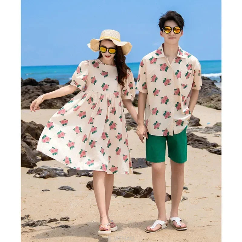 Dress 2025 Woman Look Family Matching  Korean Mom and Daughter Resorts Floral Clothes Dad Son Shirts Outfits Vacation Holiday