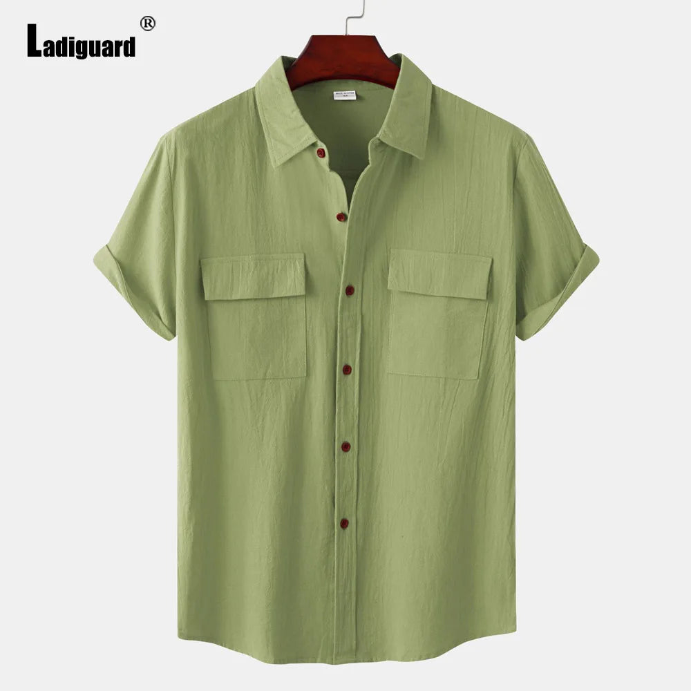 Men Short Sleeve Linen Shirts Clothing 2024 Summer Hot Black Soft Blouse Vintage Basic Overshirt Male Casual Stand Pocket Tops