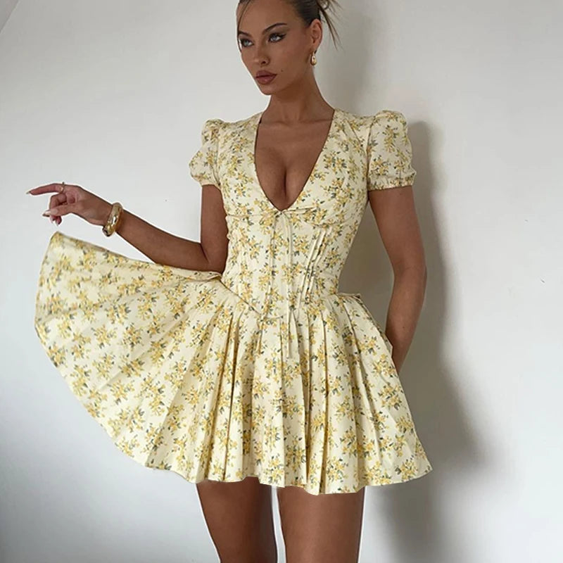 Candyhot Elegant Retro Print Y2K Casual Dress Summer Short sleeved V-neck Evening Dress High Street Club Ruffled Aesthetic Dress