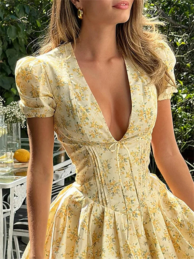 Candyhot Elegant Retro Print Y2K Casual Dress Summer Short sleeved V-neck Evening Dress High Street Club Ruffled Aesthetic Dress
