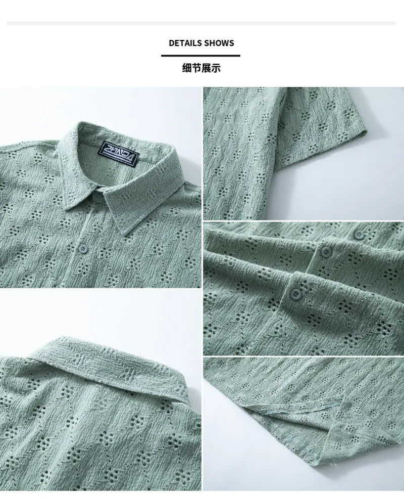 High-quality Men's Hollowed-out Shirts, Short-sleeved Business Casual Shirts for Summer 2025 Light Luxury Workplace Mens Tops