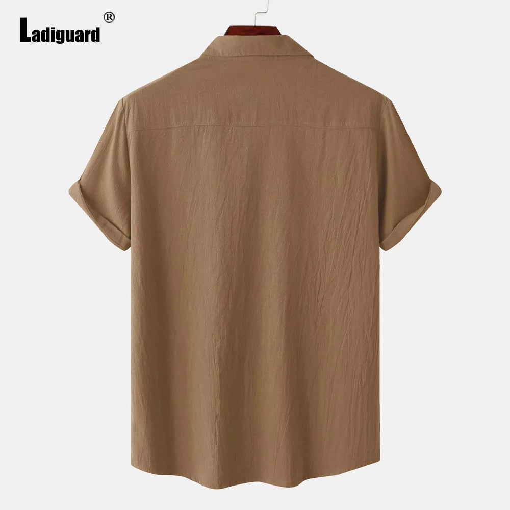 Men Short Sleeve Linen Shirts Clothing 2024 Summer Hot Black Soft Blouse Vintage Basic Overshirt Male Casual Stand Pocket Tops