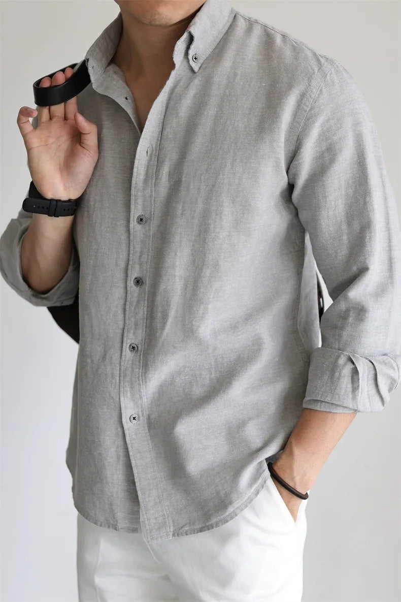 Mens American Cotton Linen Work Shirt Slim Fit Breathable Long Sleeve Business Casual Shirt Linen Sun Protection Shirt