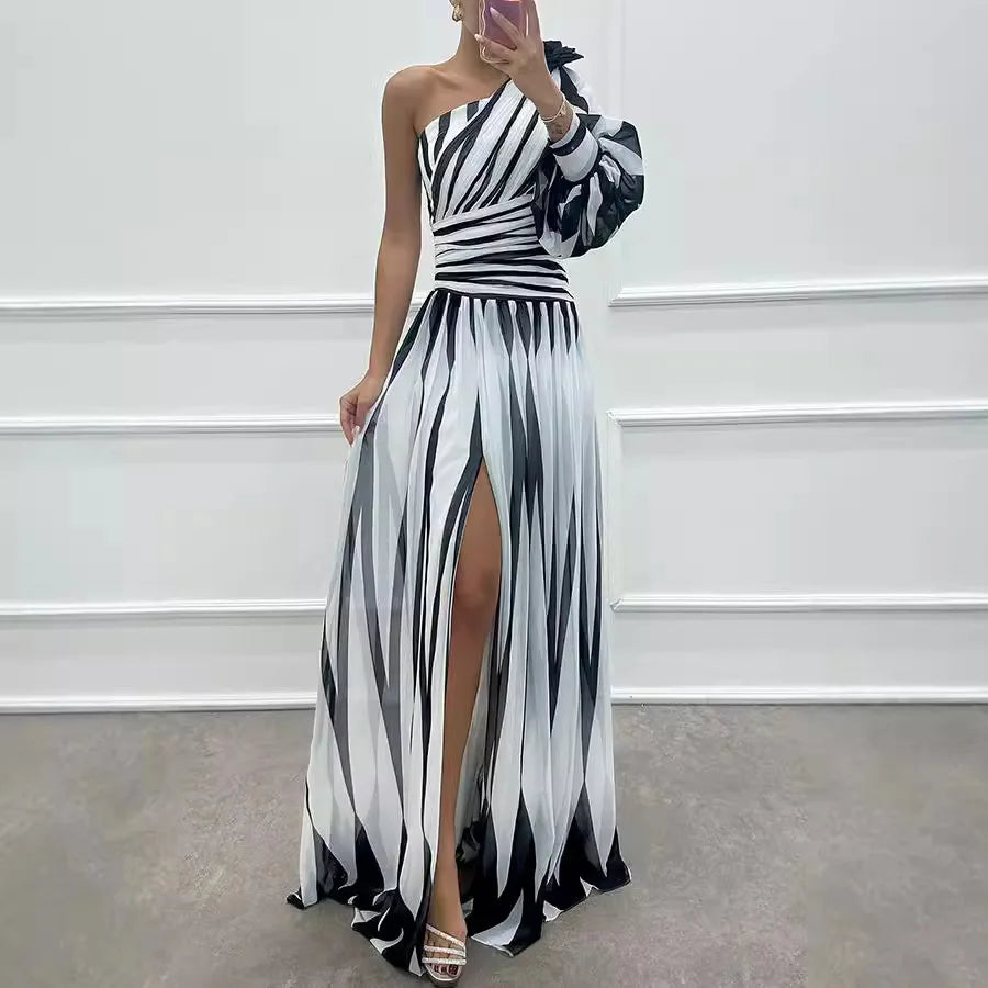 Dress Long Dress 2024 Spring and Autumn New Temperament Fashion Printed Slant Shoulder Split Dress INS Casual Loose Party Dress