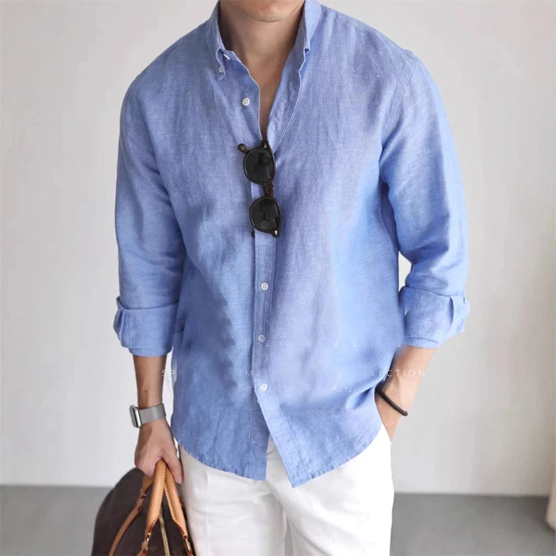Mens American Cotton Linen Work Shirt Slim Fit Breathable Long Sleeve Business Casual Shirt Linen Sun Protection Shirt