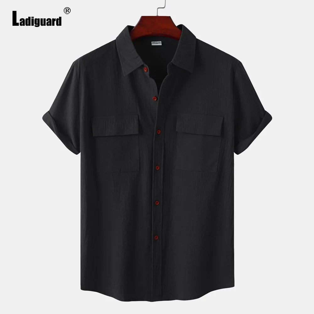 Men Short Sleeve Linen Shirts Clothing 2024 Summer Hot Black Soft Blouse Vintage Basic Overshirt Male Casual Stand Pocket Tops