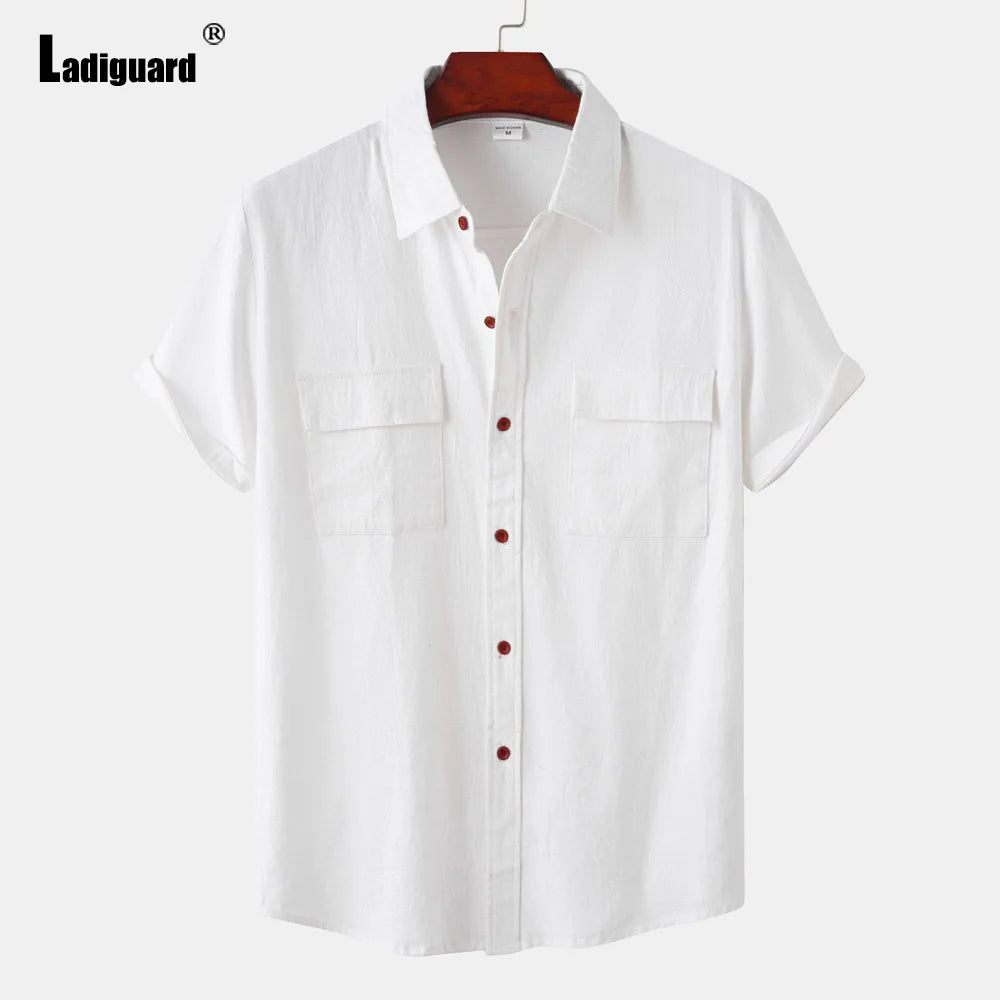 Men Short Sleeve Linen Shirts Clothing 2024 Summer Hot Black Soft Blouse Vintage Basic Overshirt Male Casual Stand Pocket Tops