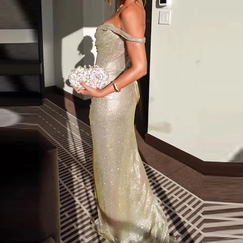 Women Sexy Sliding Shoulder Nightclub Shinny Gowns 2025 Pleated High Split Evening Party Dress Elegant Girdling Gala Dresses