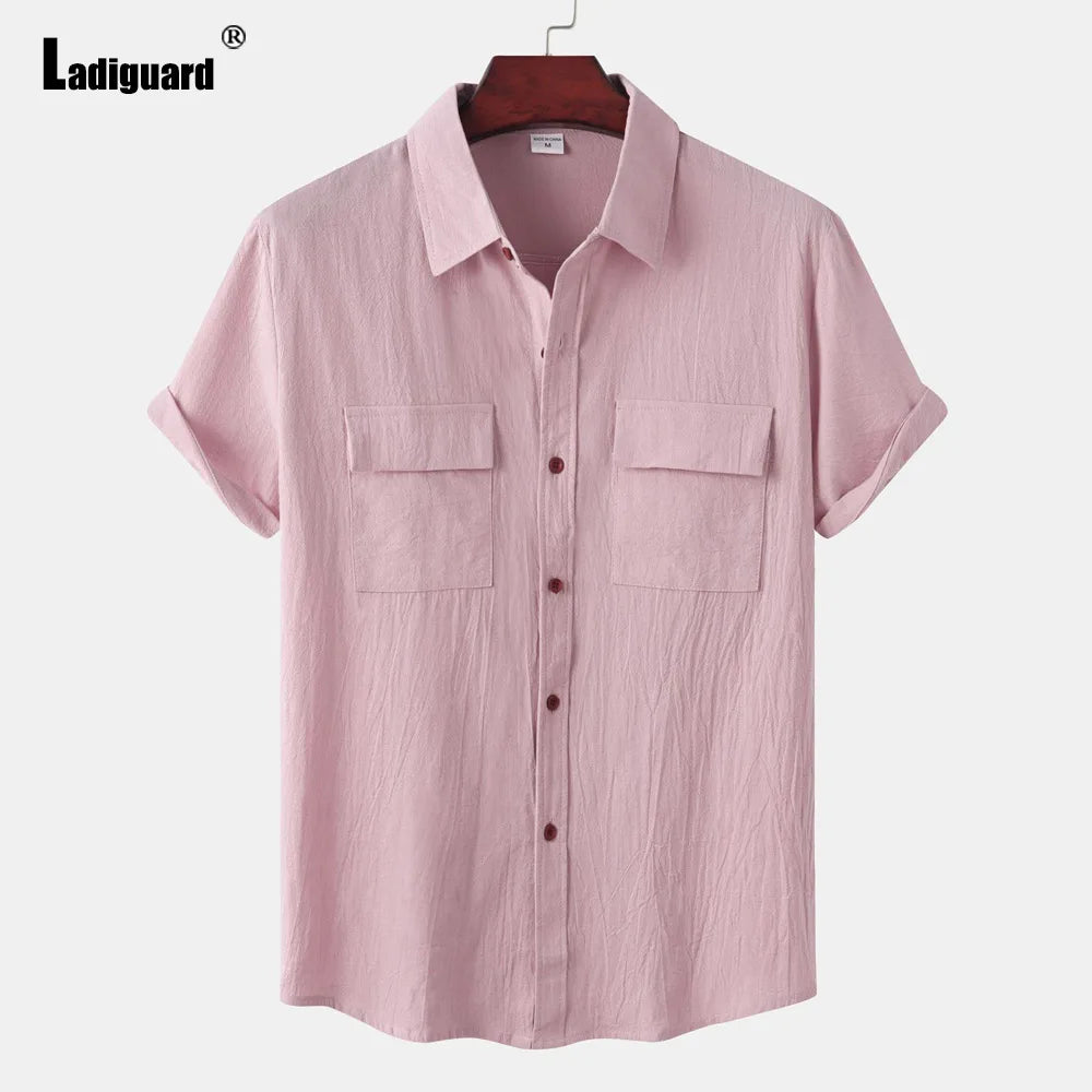 Men Short Sleeve Linen Shirts Clothing 2024 Summer Hot Black Soft Blouse Vintage Basic Overshirt Male Casual Stand Pocket Tops