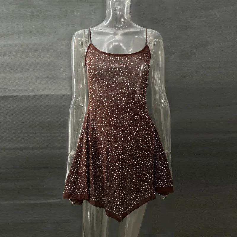 Talenza Women's Sexy Spaghetti Strap Mini Dress Sequin Rhinestone High Waist Party Dress See-through Sleeveless Evening Dress