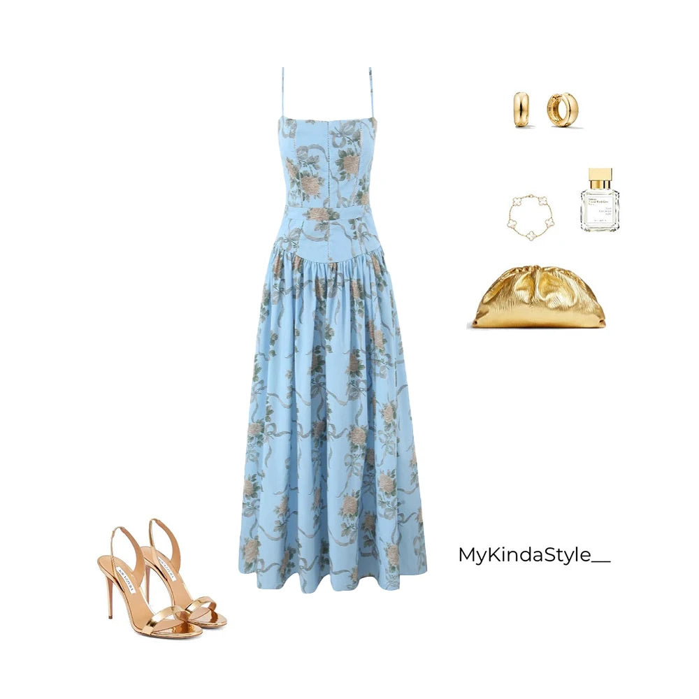 Oligai Floral Print Midi Sundress Elegant Spaghetti Strap Flowy Dress Aussie Summer Women Boho Chic Beach Dress