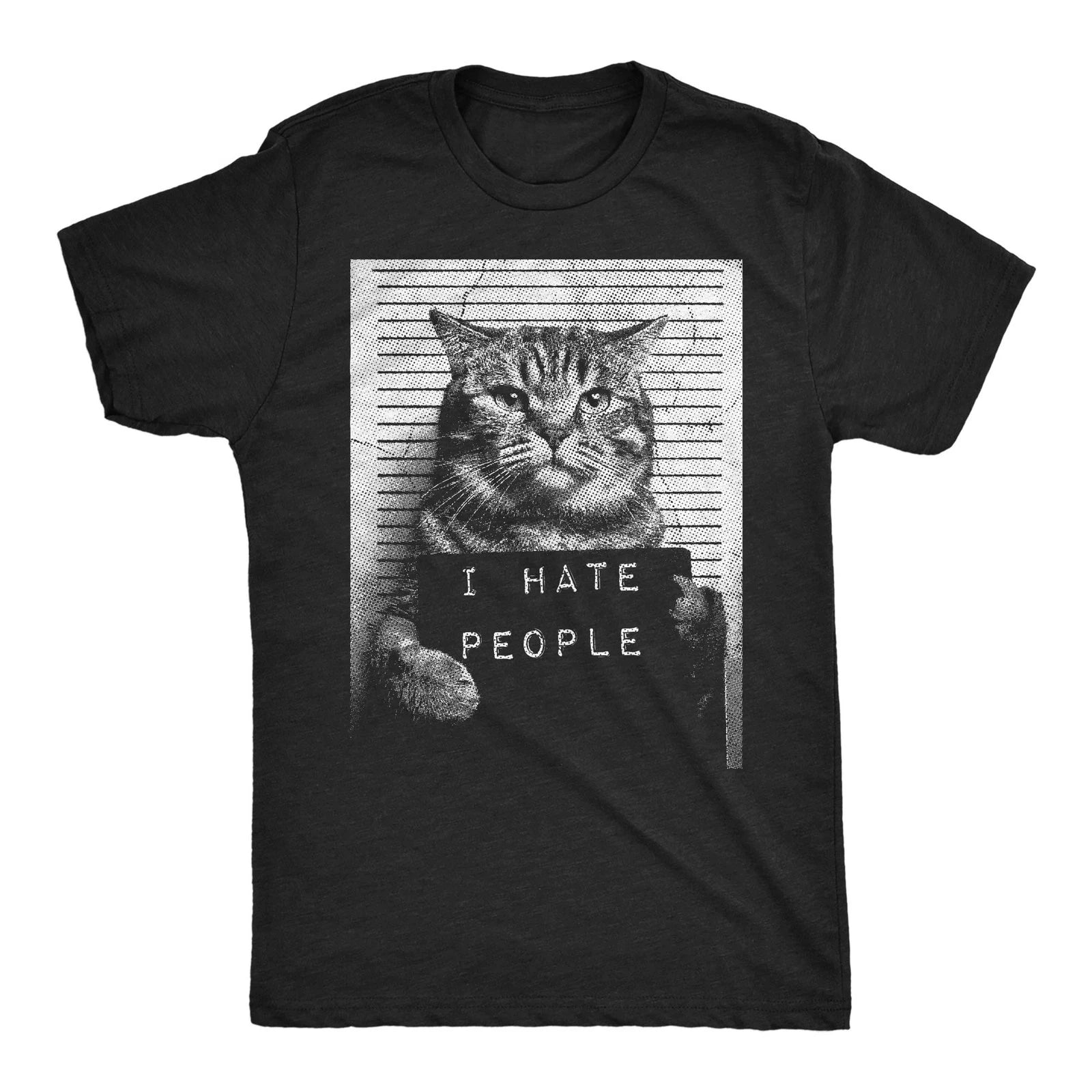 Mens Funny T Shirts I Hate People Cat Mugshot Sarcastic Graphic Novelty Tee Fashion Street Hip-hop Rock Short-sleeved Women