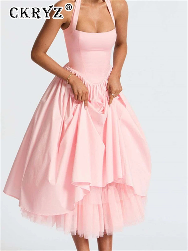 Ladies Summer 2 Layers Elegant Evening Party Dress Women Sleeveless Backless Halter Maxi Dresses Club Streetwear Female Outfits