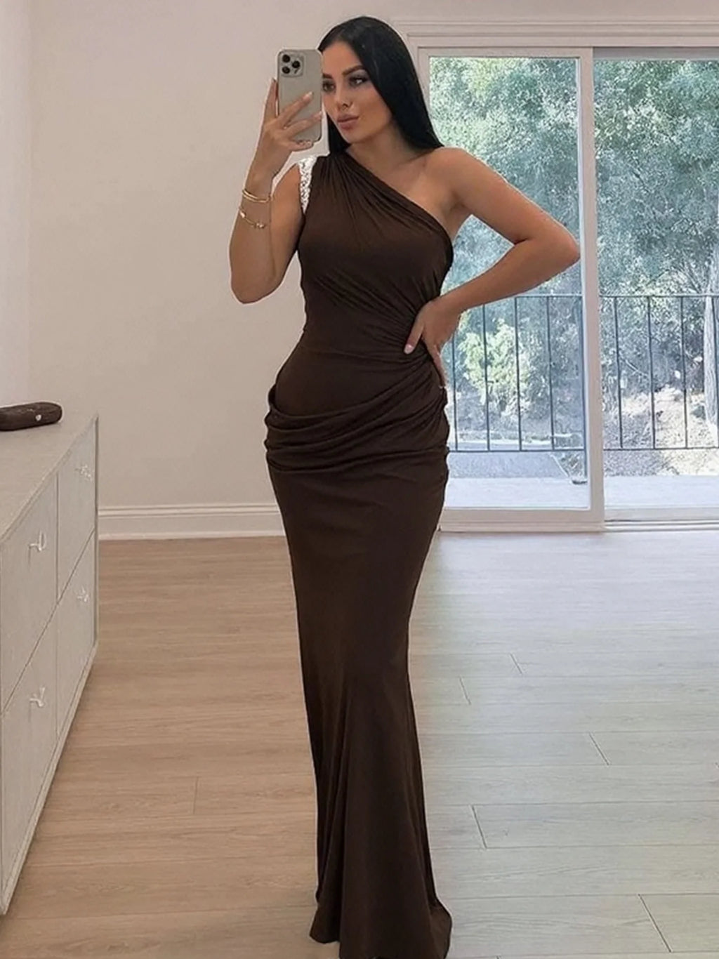 Dulzura One Shoulder Sleeveless Backless Ruched Slim Fit Long Dress Women'S Solid Sexy Elegant Clothes Party Club Summer Outfit