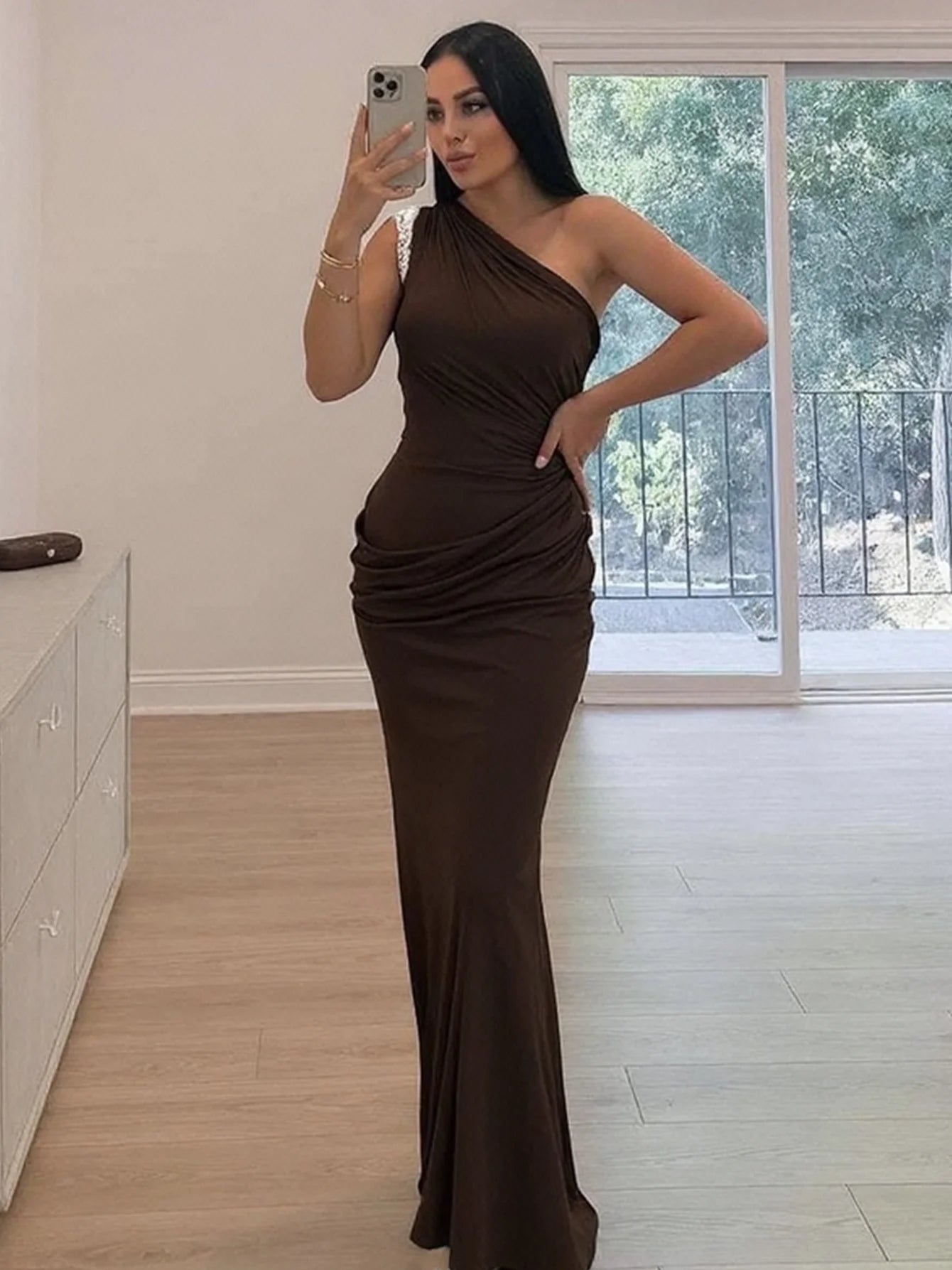 Dulzura One Shoulder Sleeveless Backless Ruched Slim Fit Long Dress Women'S Solid Sexy Elegant Clothes Party Club Summer Outfit