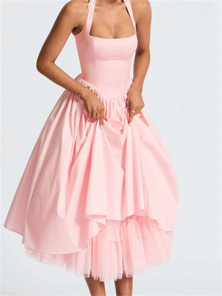 Ladies Summer 2 Layers Elegant Evening Party Dress Women Sleeveless Backless Halter Maxi Dresses Club Streetwear Female Outfits