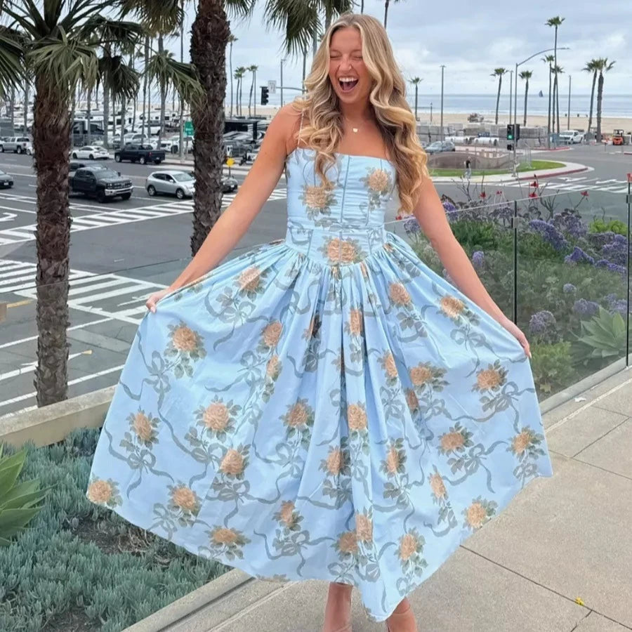 Oligai Floral Print Midi Sundress Elegant Spaghetti Strap Flowy Dress Aussie Summer Women Boho Chic Beach Dress