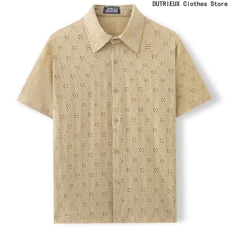 High-quality Men's Hollowed-out Shirts, Short-sleeved Business Casual Shirts for Summer 2025 Light Luxury Workplace Mens Tops