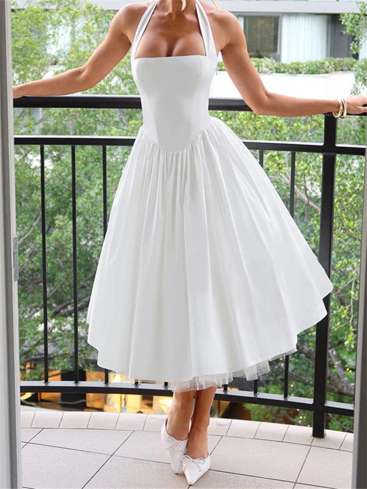 Ladies Summer 2 Layers Elegant Evening Party Dress Women Sleeveless Backless Halter Maxi Dresses Club Streetwear Female Outfits