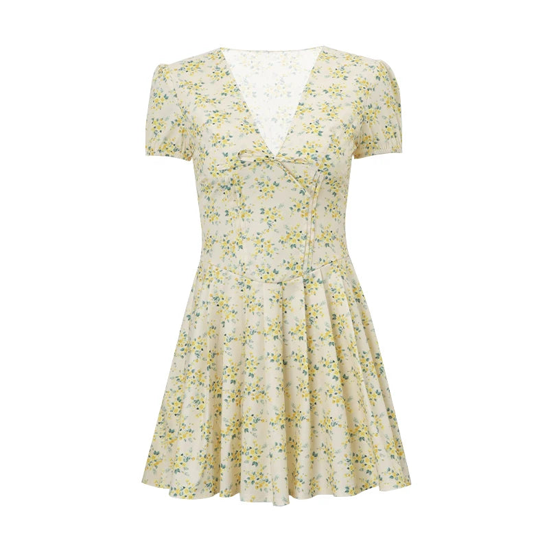 Candyhot Elegant Retro Print Y2K Casual Dress Summer Short sleeved V-neck Evening Dress High Street Club Ruffled Aesthetic Dress