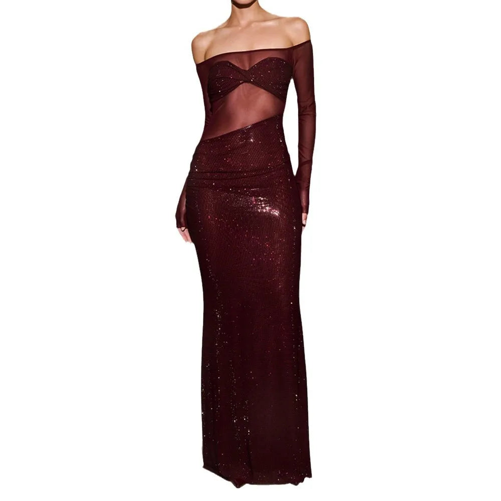 See Through Lace Sequin Patchwork Slim Party Dresses Women Trendy Sexy Off Shoulder Package Hip Bodycon Evening Dress Streetwear