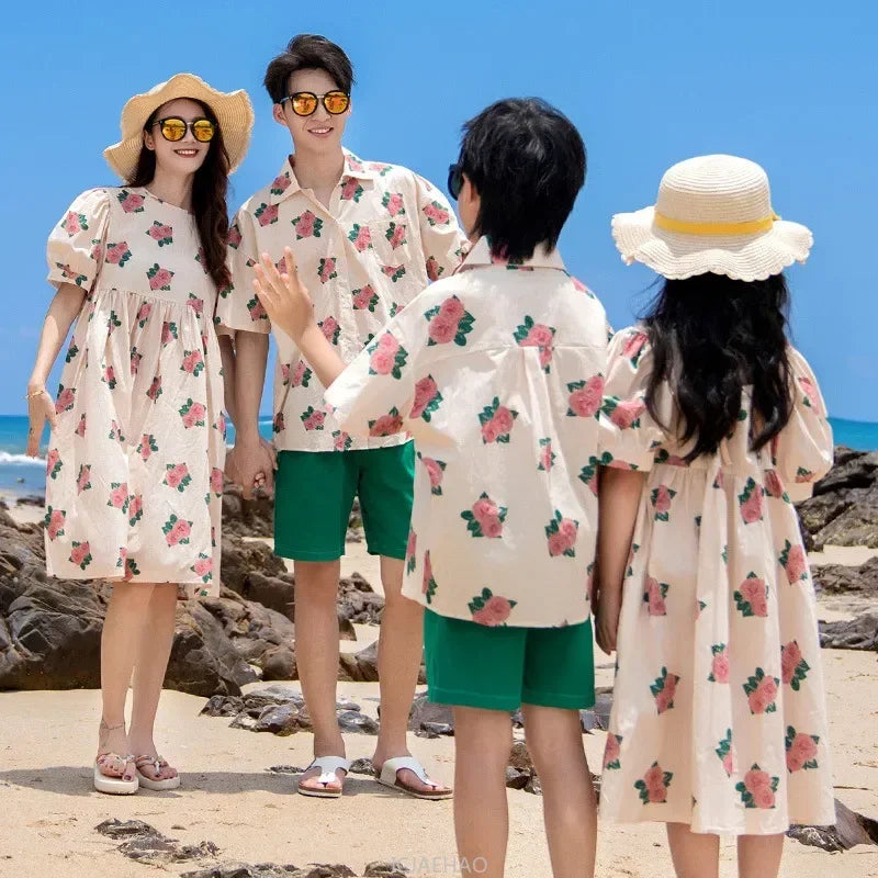 Dress 2025 Woman Look Family Matching  Korean Mom and Daughter Resorts Floral Clothes Dad Son Shirts Outfits Vacation Holiday