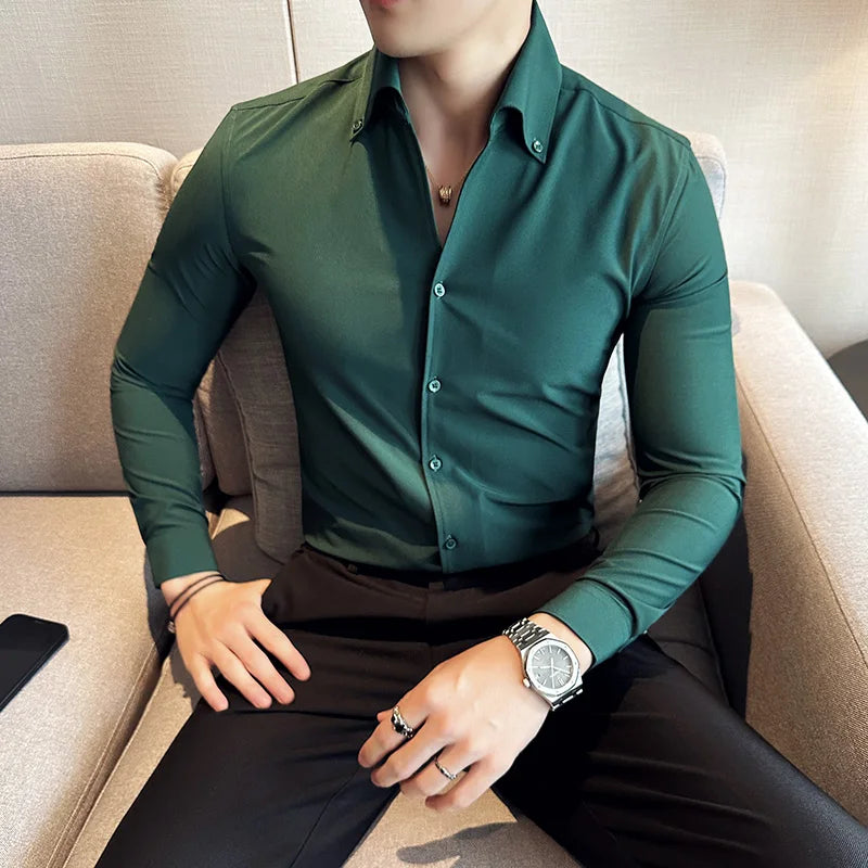 Men Dress Shirt 2025 Autumn British Style Solid Casual Slim Fit Formal Camisas V-neck Long Sleeves Shirt Streetwear Men Clothing