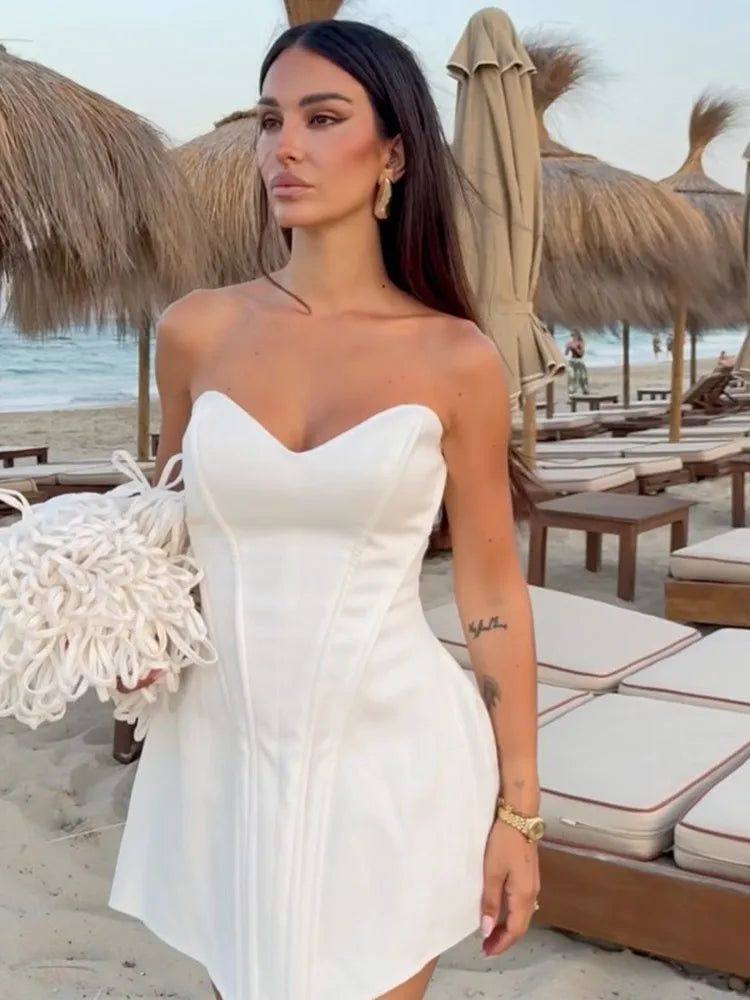 Elegant Solid Strapless Mini Dress Women Backless Off-shoulder Sleeveless Waist Cinching Corset Bustier Lady Evening Party Robe