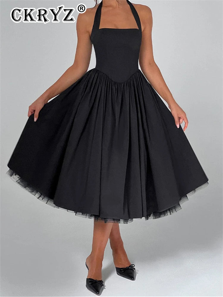 Ladies Summer 2 Layers Elegant Evening Party Dress Women Sleeveless Backless Halter Maxi Dresses Club Streetwear Female Outfits