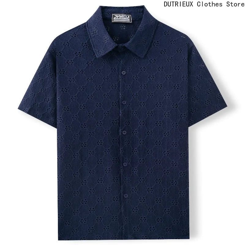 High-quality Men's Hollowed-out Shirts, Short-sleeved Business Casual Shirts for Summer 2025 Light Luxury Workplace Mens Tops