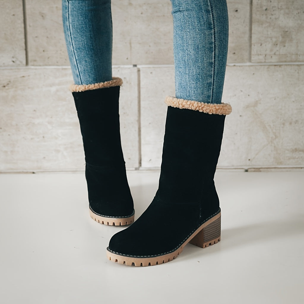 [Faux Fur Lined Boots] Warm Faux Fur Lined Women's Boots - Slip On Block Heeled Ankle Boots - Women's Footwear