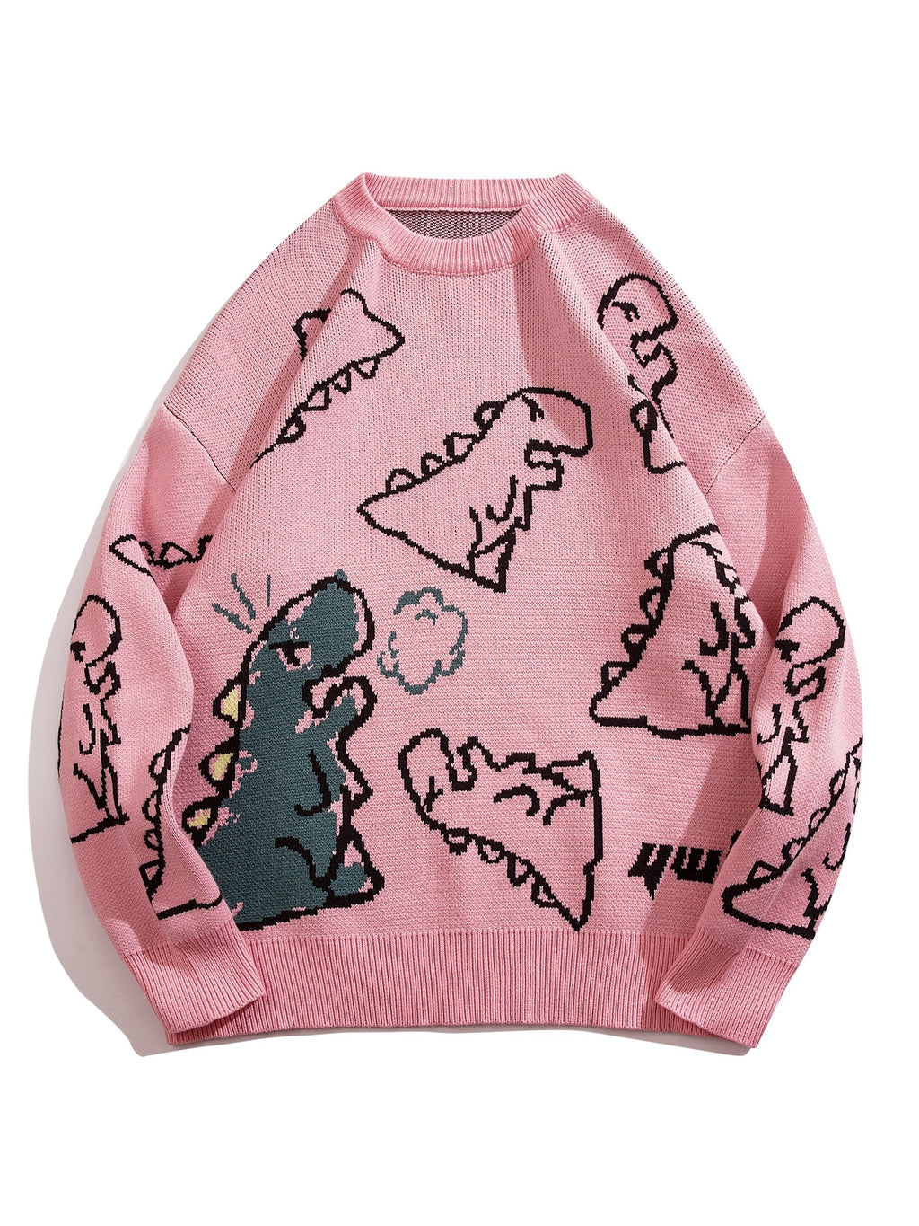 YWFG Unisex Casual Loose Fit Sweater - Black with Blue Dinosaur & Cloud Design, Long Sleeve Round Neck Pullover for Men & Women, Cozy Fall/Winter Knitwear, Dinosaur Clothes, Fall Winter Apparel, Playful Graphic Design, Comfor