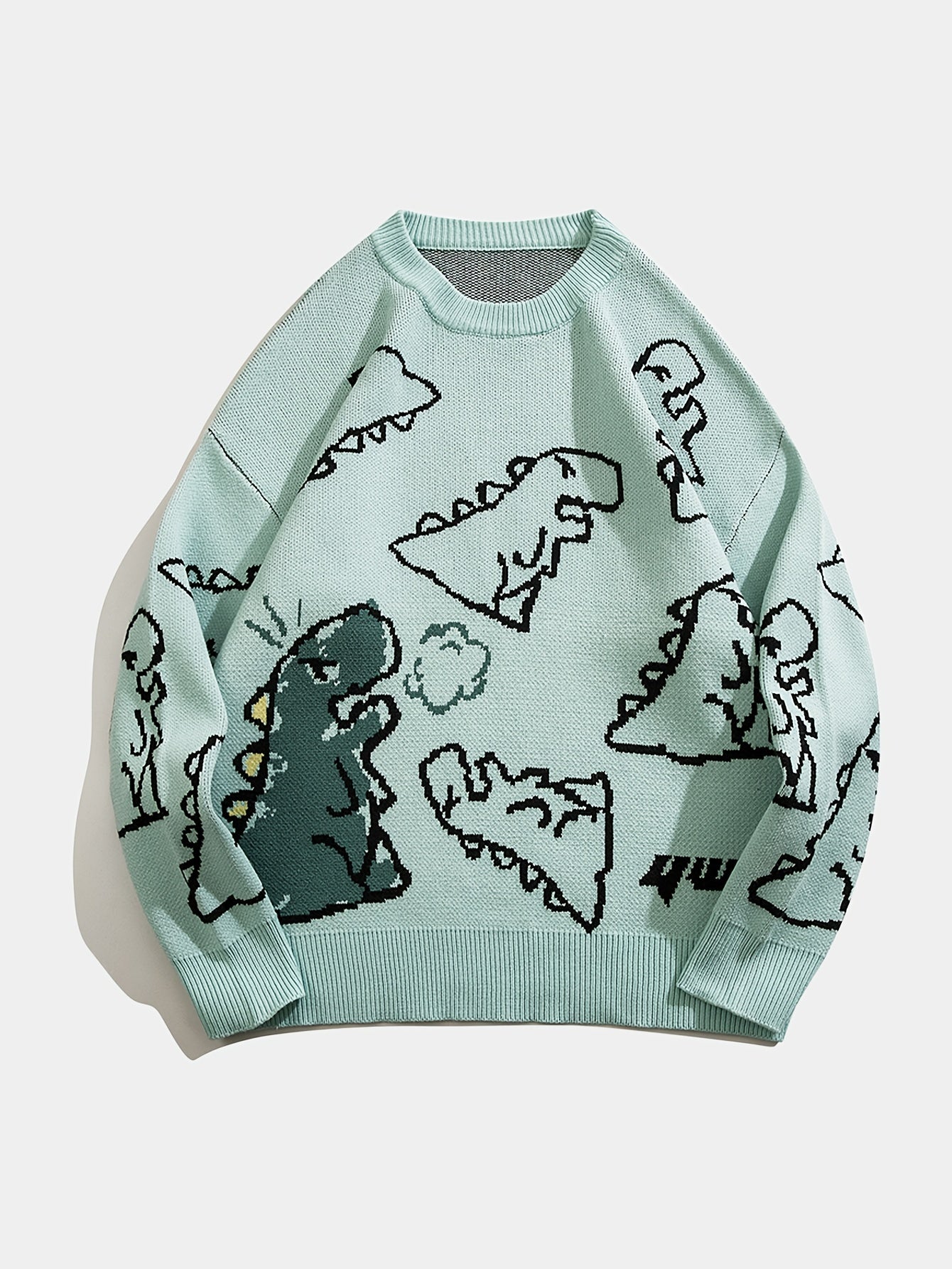 YWFG Unisex Casual Loose Fit Sweater - Black with Blue Dinosaur & Cloud Design, Long Sleeve Round Neck Pullover for Men & Women, Cozy Fall/Winter Knitwear, Dinosaur Clothes, Fall Winter Apparel, Playful Graphic Design, Comfor