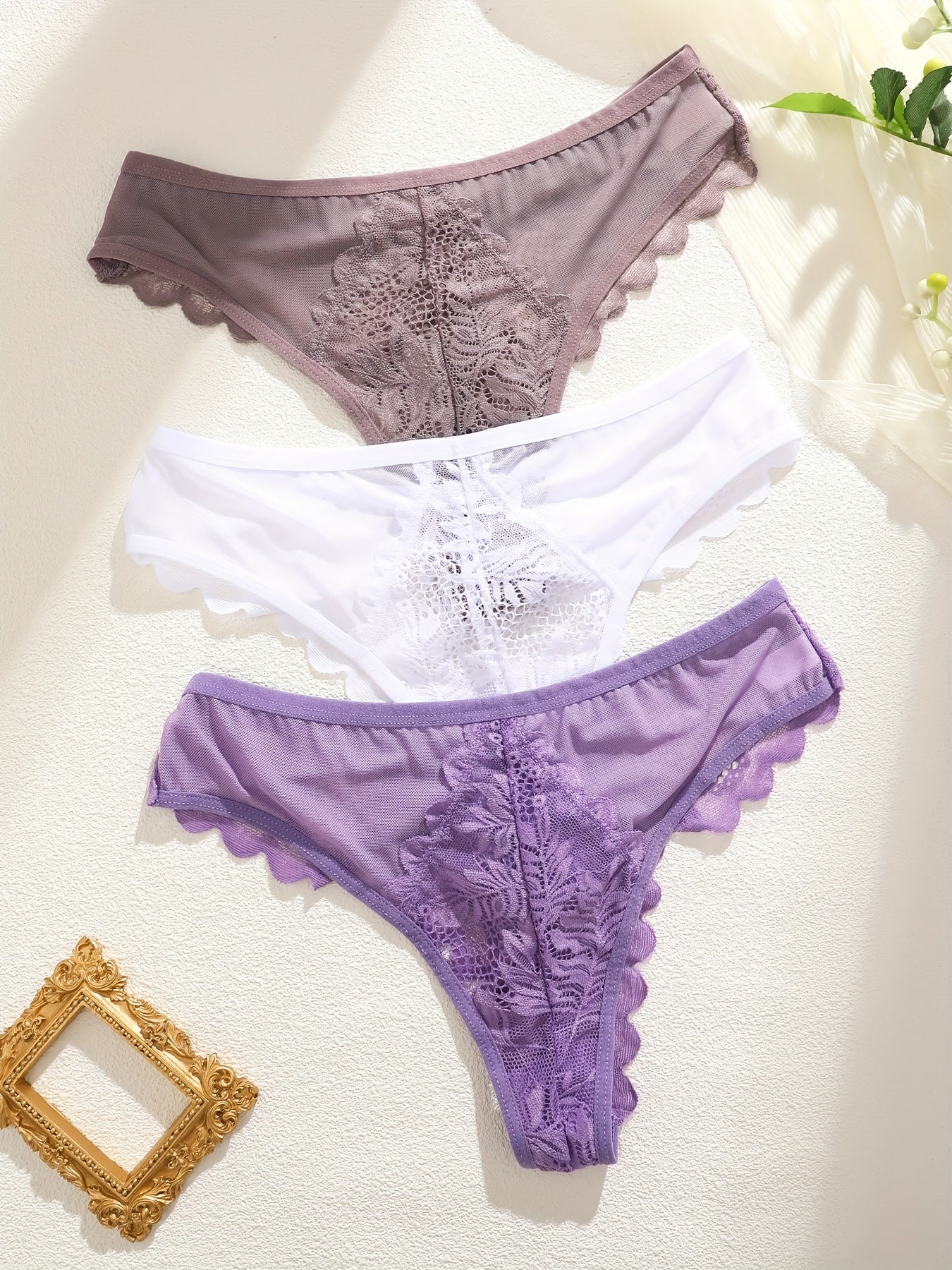 [Soft Lace, Elegant Thongs] 3pcs Women's Soft Lace Elegant Thongs Set, Intimate Wear, Thong Collection, Feminine Lingerie, Comfortable Fit, Vstring Panties, Lowrise Underwear, Sensual Undergarments, Lingerie Lovers