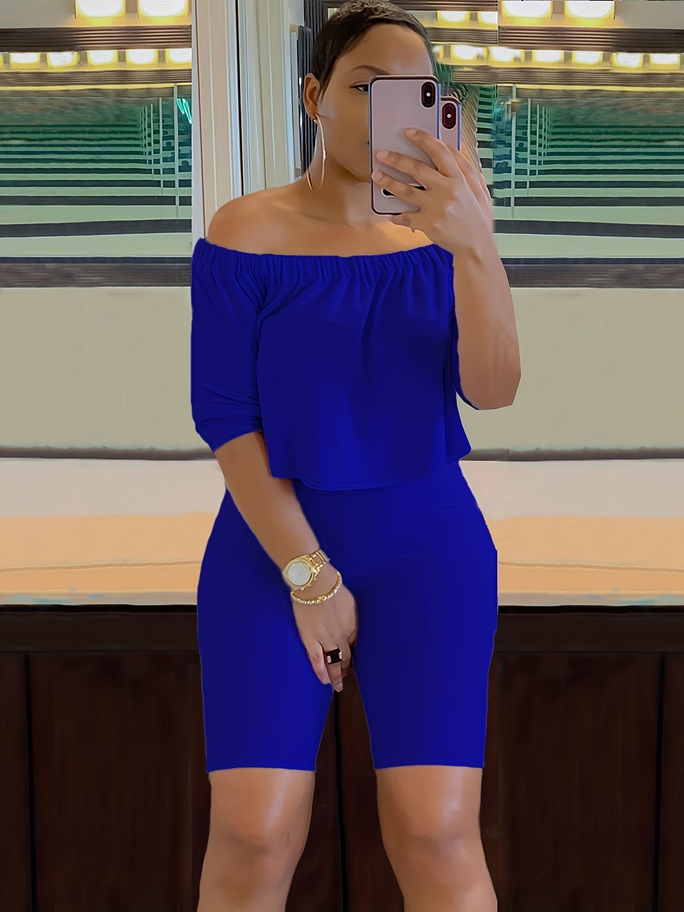 Sexy Solid Fashion Pantsuits Two-piece Set, Off Shoulder Short Sleeve Tops & Slim Shorts Set, Women's Clothing