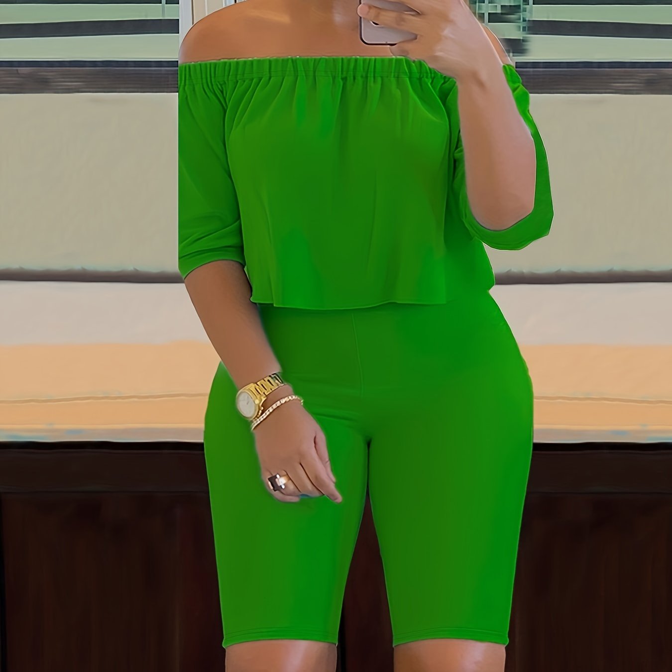 Sexy Solid Fashion Pantsuits Two-piece Set, Off Shoulder Short Sleeve Tops & Slim Shorts Set, Women's Clothing